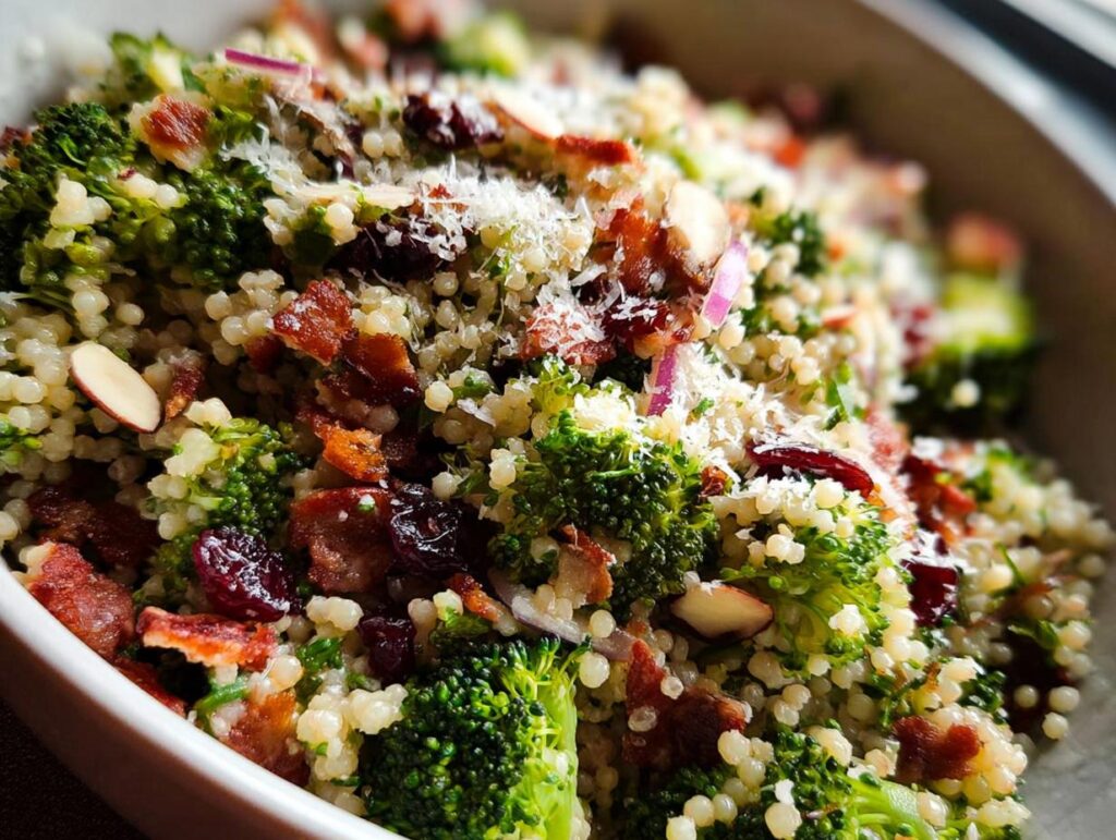 A close-up of a vibrant broccoli and quinoa salad featuring crispy bacon, dried cranberries, slivered almonds, and grated Parmesan cheese.