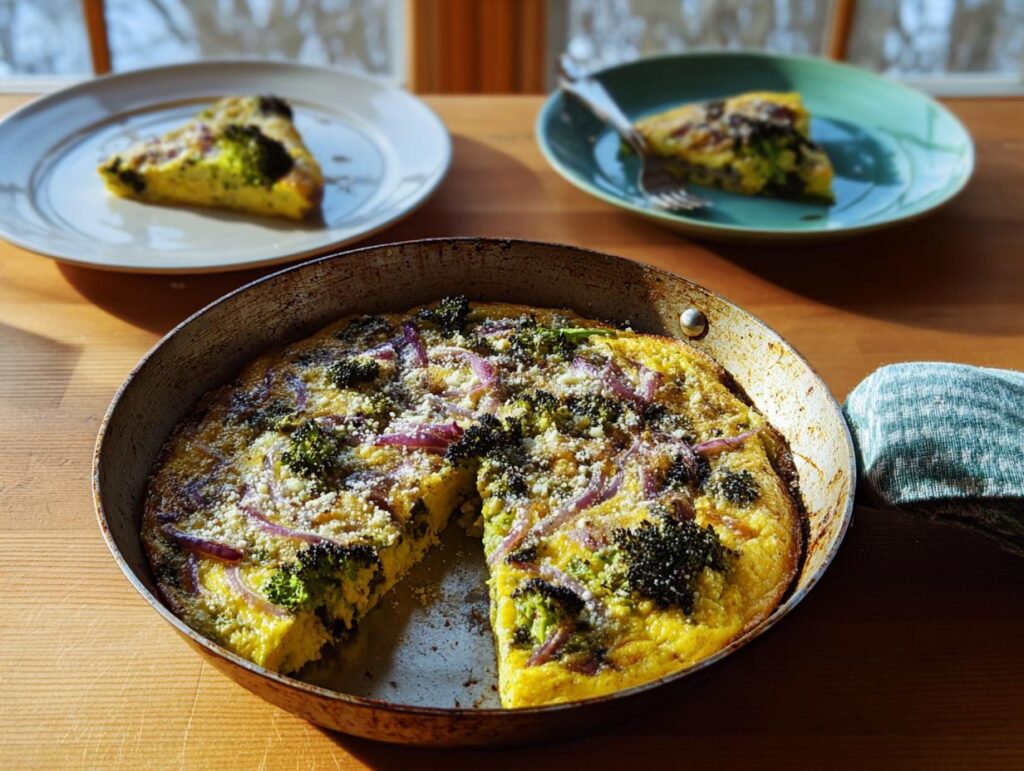 A rustic egg frittata with broccoli and red onion, a perfect addition to your 25 Genius Egg Recipes Ideas for Busy Weeknights.