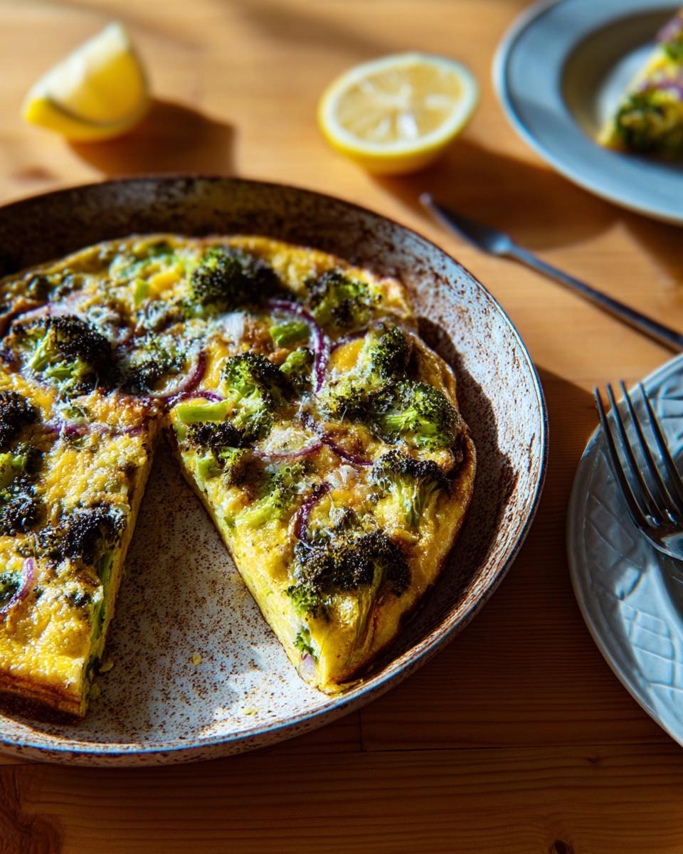 A slice of broccoli and red onion frittata, showcasing its fluffy egg base and vibrant vegetables, a perfect example of 25 Genius Egg Recipes.
