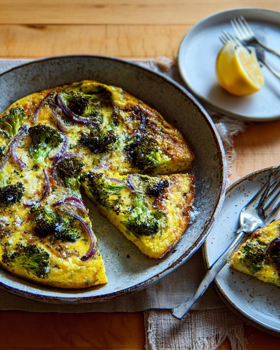 A slice of a broccoli and red onion frittata, a delicious egg recipe for busy weeknights.