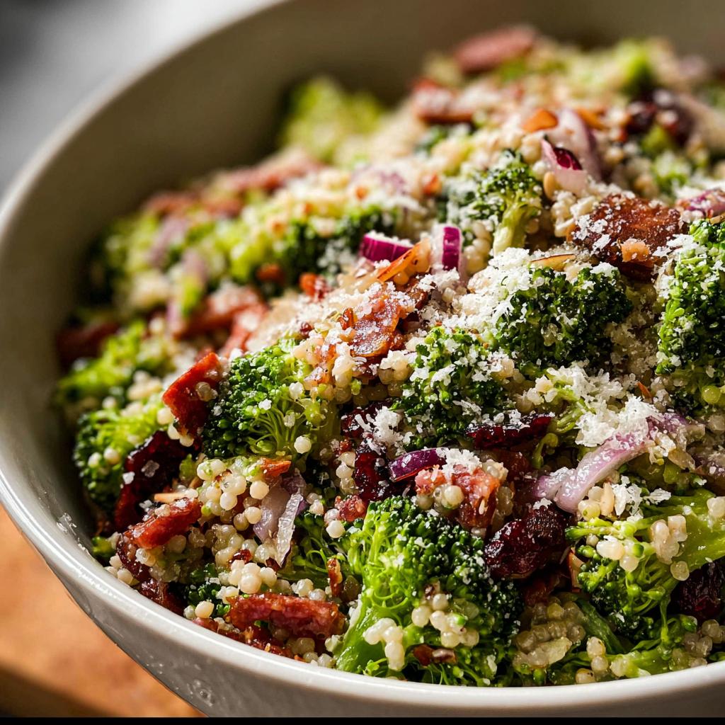 A close-up of a delicious broccoli salad with bacon, red onion, cranberries, and grated cheese.