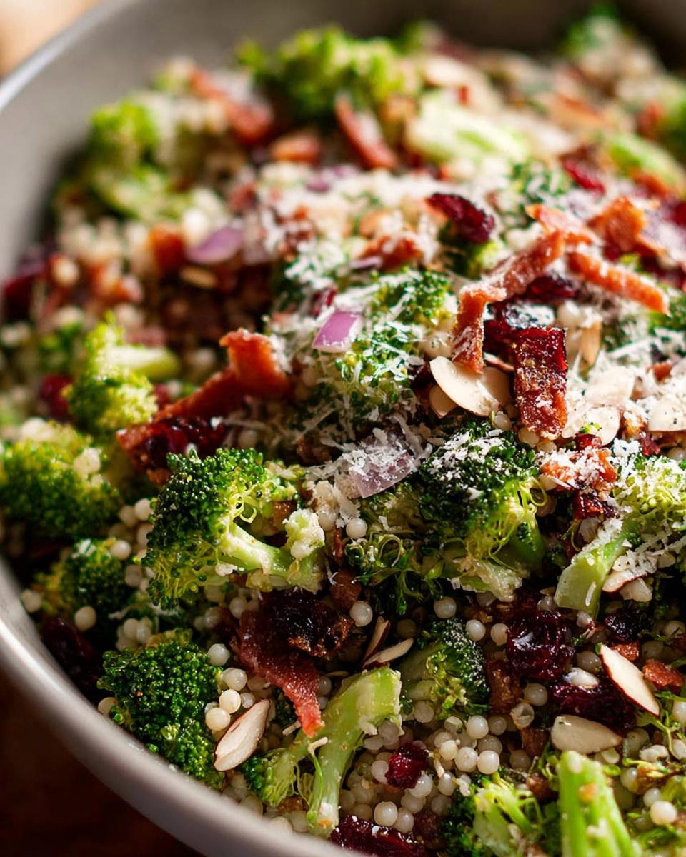A vibrant broccoli salad with couscous, bacon, dried cranberries, almonds, and red onion, part of The Ultimate Veggie Sides Recipes Guide for Beginners.