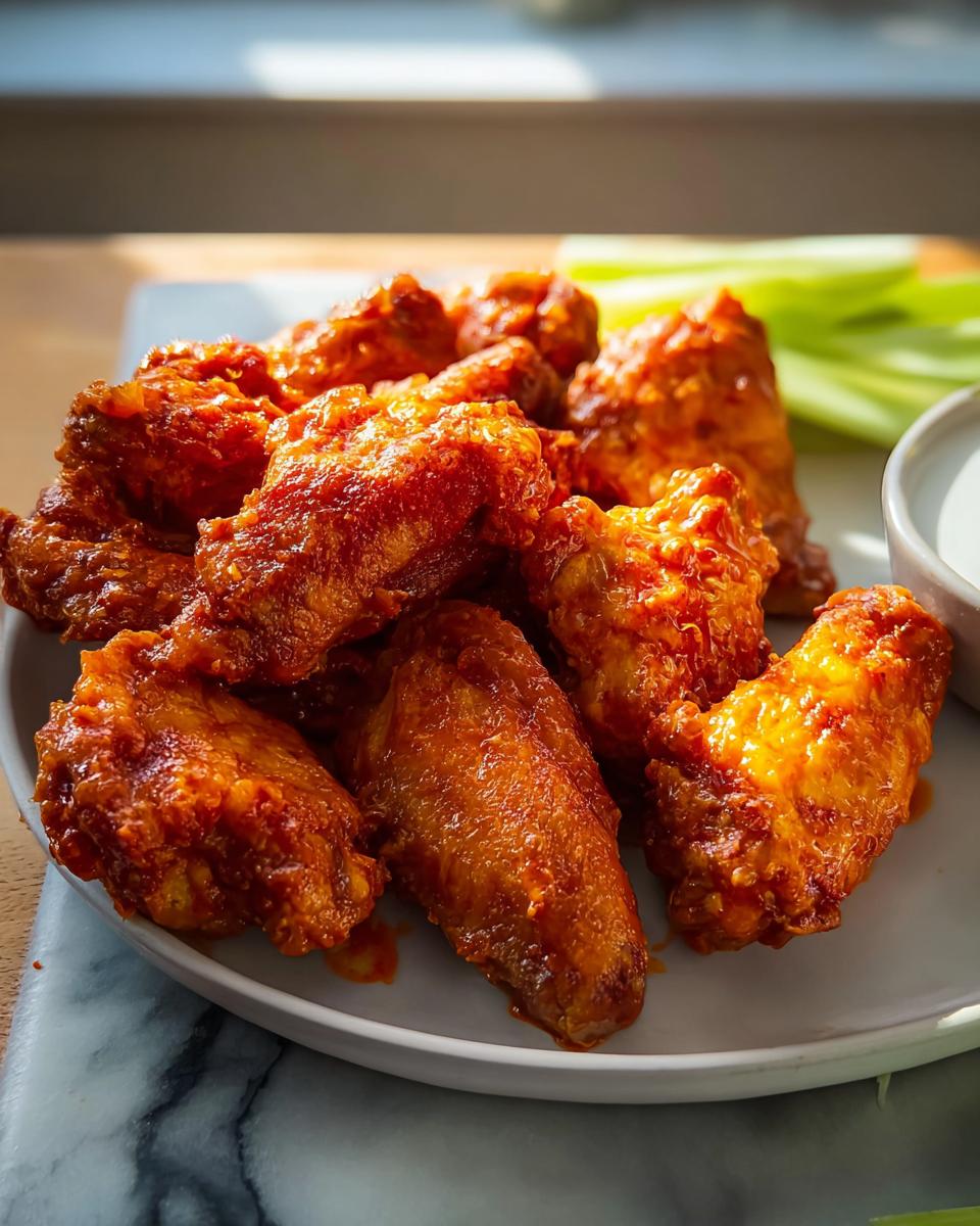 A plate of delicious, saucy buffalo chicken wings served with celery sticks and a side of dipping sauce.