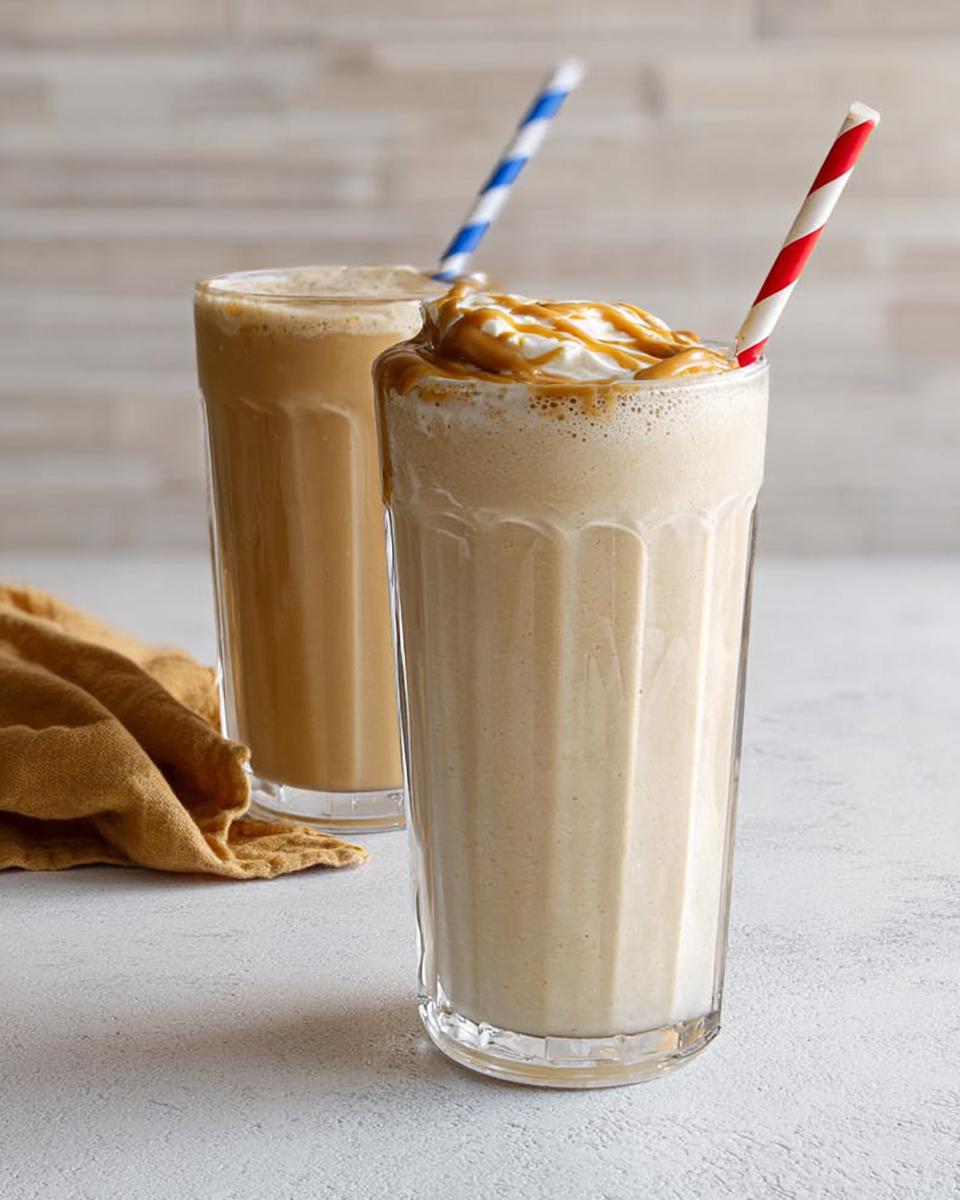 Two tall glasses of caramel frappe, one topped with whipped cream and caramel drizzle, part of The Ultimate Breakfast Ideas Recipes Guide for Beginners.