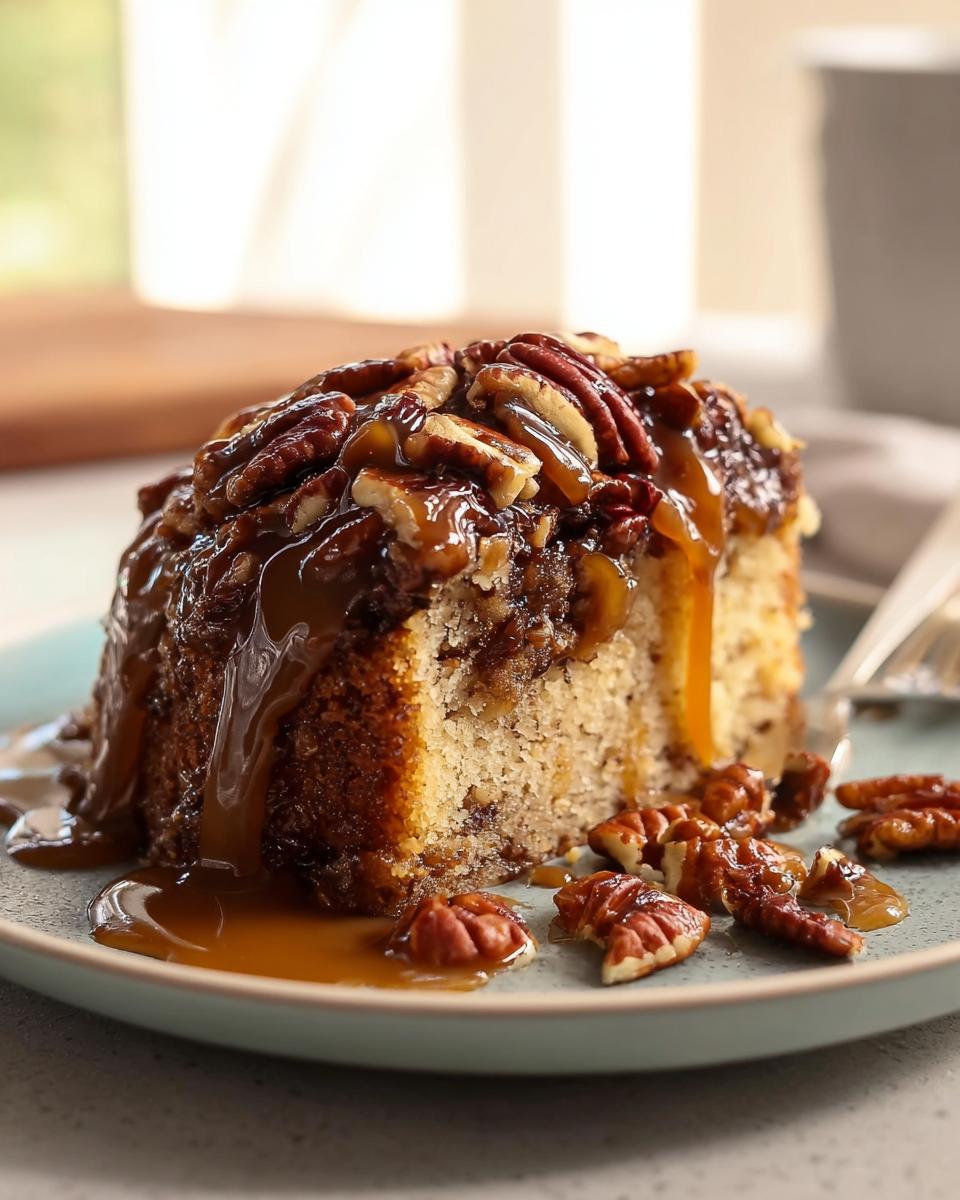 A slice of moist cake topped with caramel sauce and pecans, part of 15 Genius Cake Ideas Recipes for Busy Weeknights.