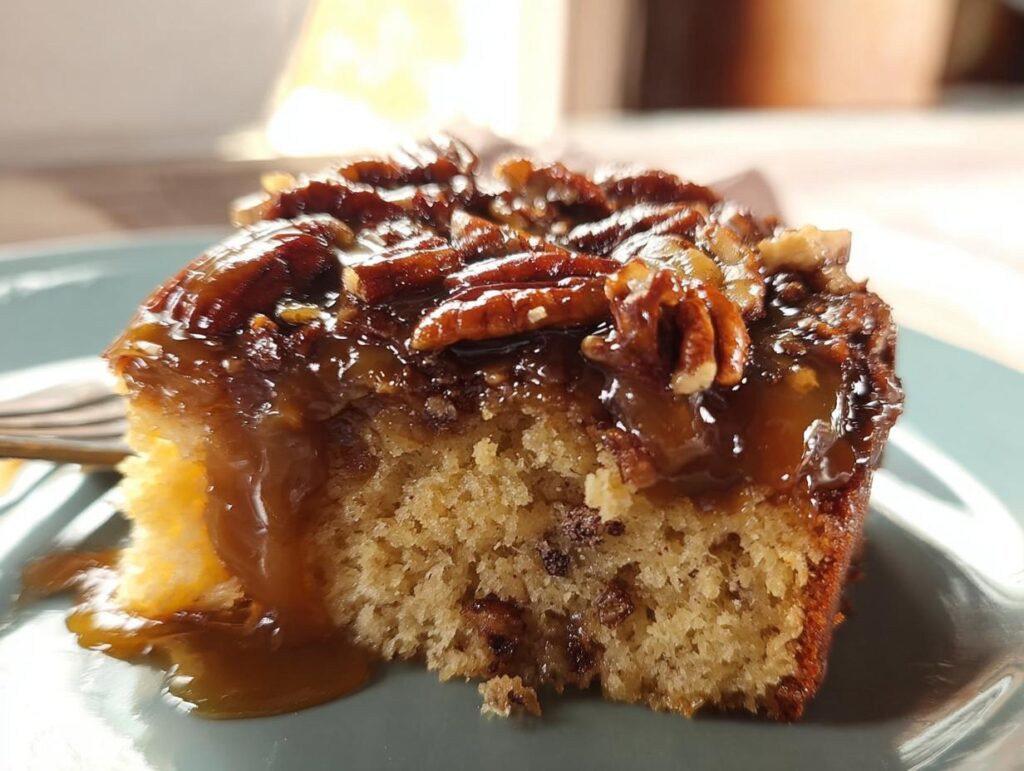 A slice of delicious caramel pecan cake with a rich caramel glaze and whole pecans on top, perfect for busy weeknights.