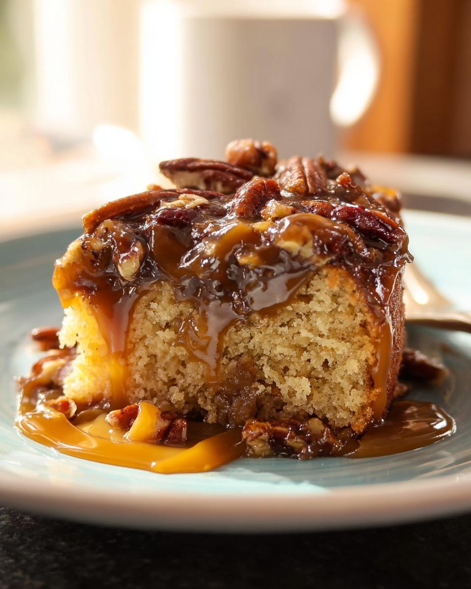A slice of moist cake topped with gooey caramel sauce and crunchy pecans, perfect for busy weeknights.