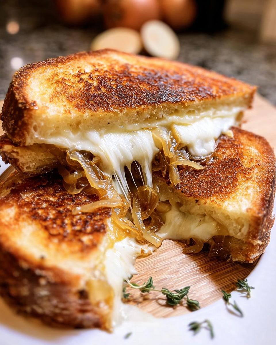 A gooey, caramelized onion grilled cheese sandwich, perfect for meal prep, with melted cheese oozing out.