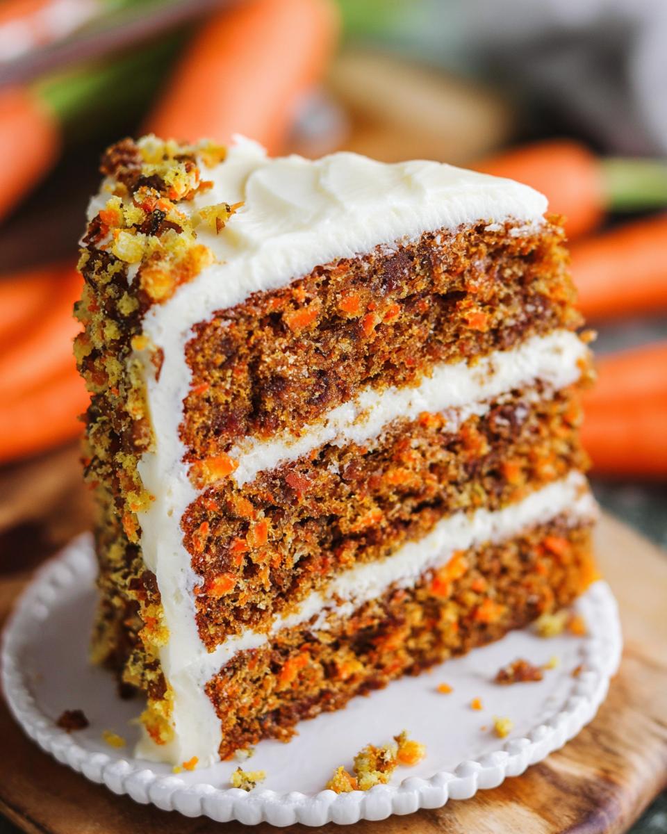 A slice of moist carrot cake with cream cheese frosting and a walnut topping, showcasing the cake ideas recipes.