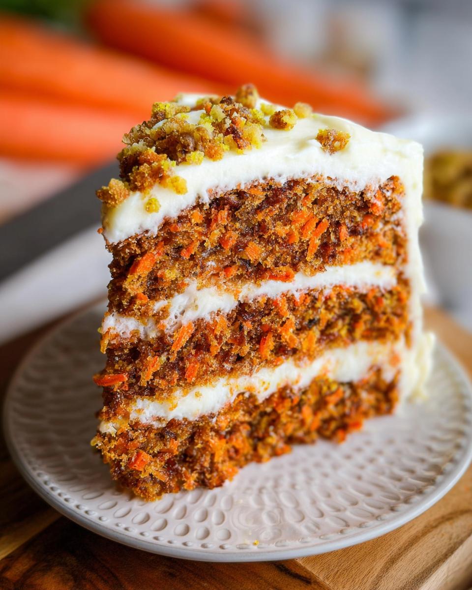 A slice of moist carrot cake with cream cheese frosting, showcasing layers of spiced cake and frosting.