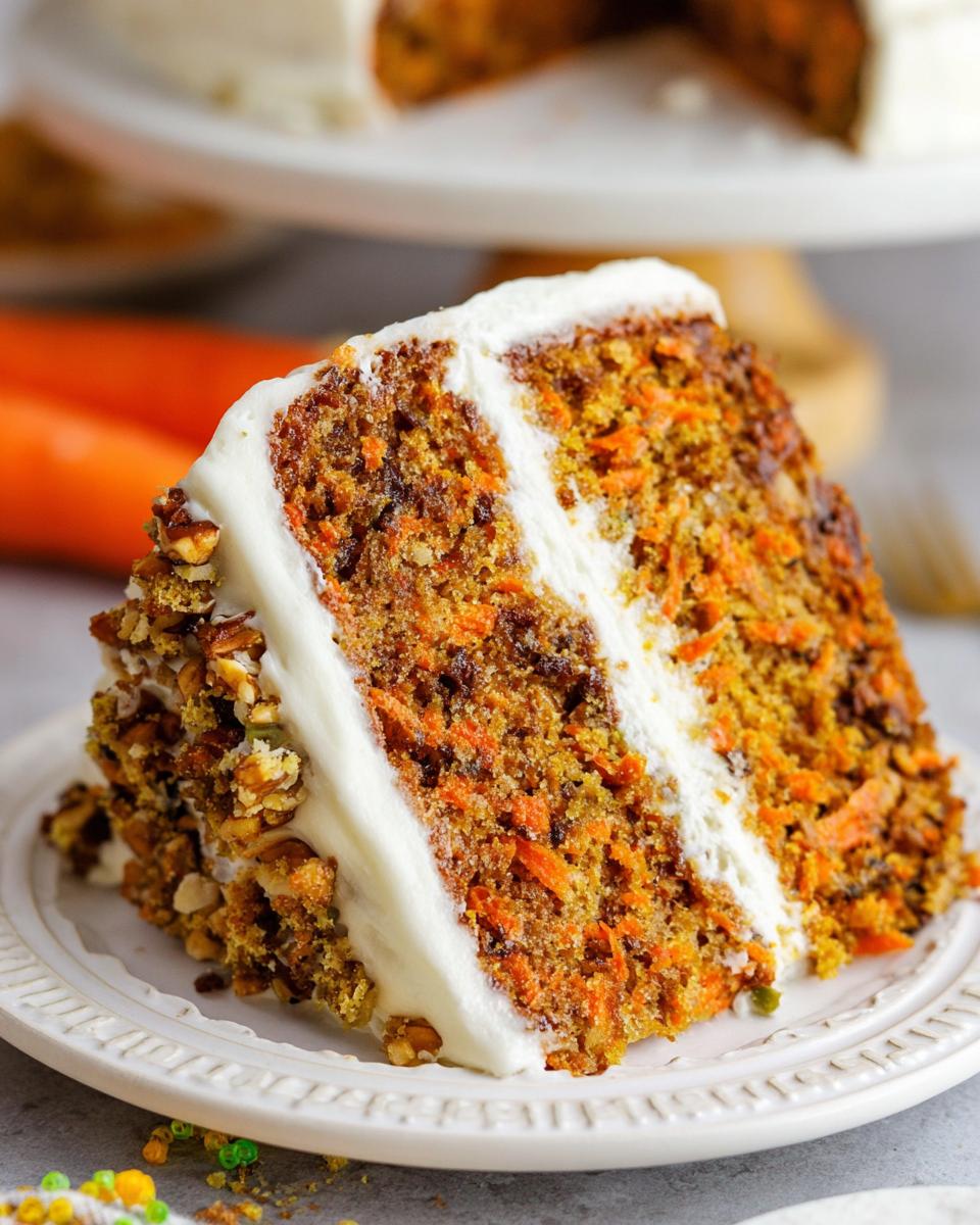 A slice of moist carrot cake with cream cheese frosting and chopped nuts, part of our cake ideas recipes.