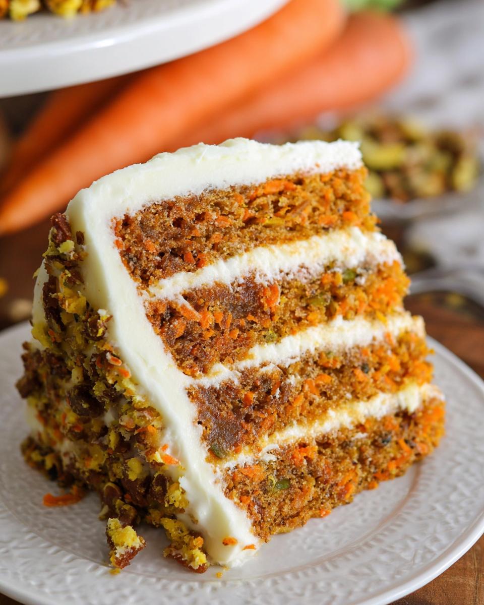A moist slice of carrot cake with cream cheese frosting, featuring layers of cake and frosting, topped with chopped nuts.