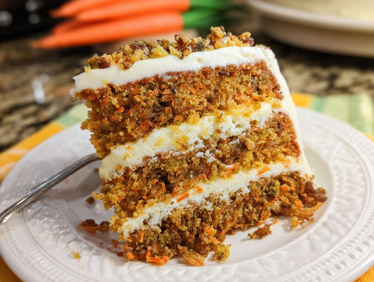 A slice of moist carrot cake with cream cheese frosting and chopped nuts, showcasing layers of cake and frosting.