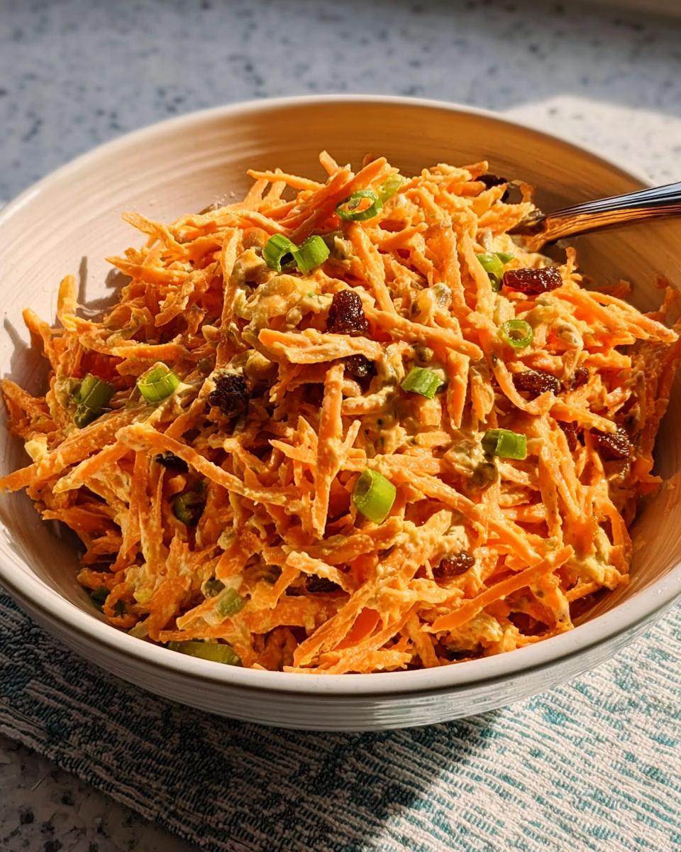 A bowl of shredded carrot salad with raisins and green onions, perfect for quick veggie sides recipes.