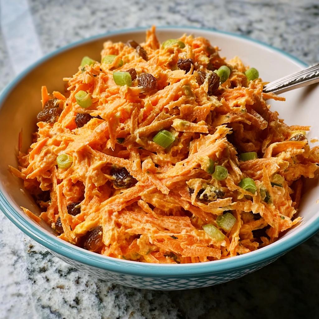 A bowl of shredded carrot salad with raisins and green onions, perfect for quick veggie sides recipes.