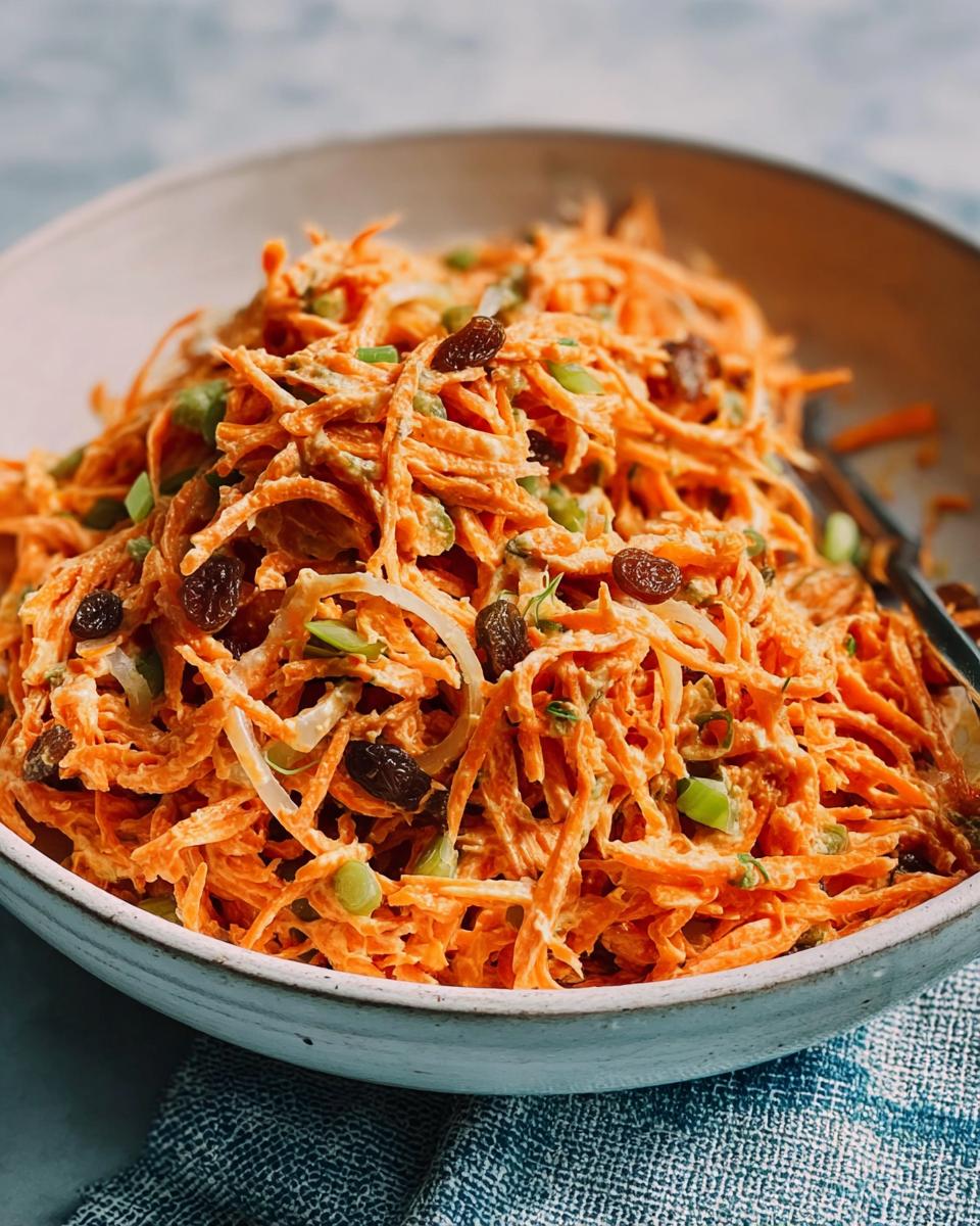A bowl of shredded carrot salad with raisins and green onions, perfect for quick veggie sides recipes.