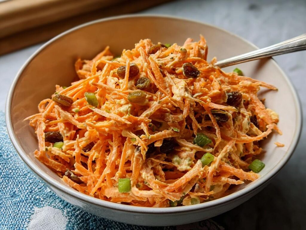 A bowl of shredded carrot salad with raisins and green onions, part of quick veggie sides recipes.