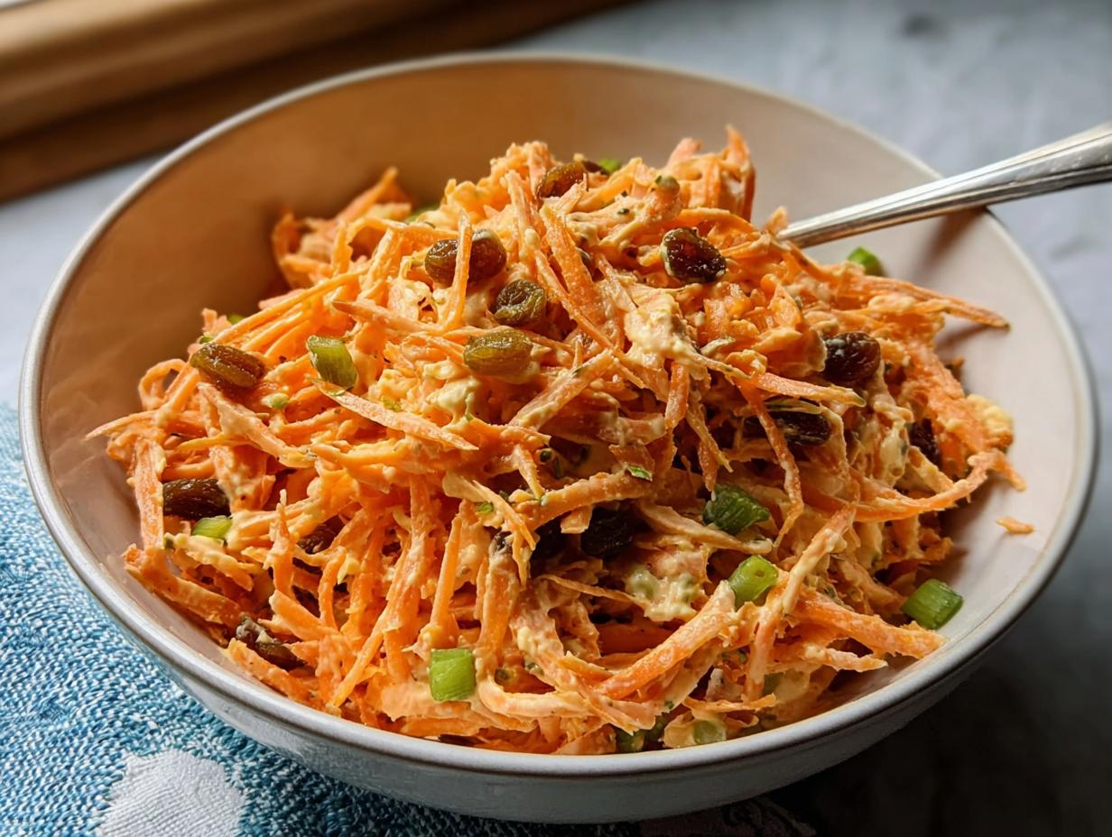 A bowl of shredded carrot salad with raisins and green onions, part of quick veggie sides recipes.