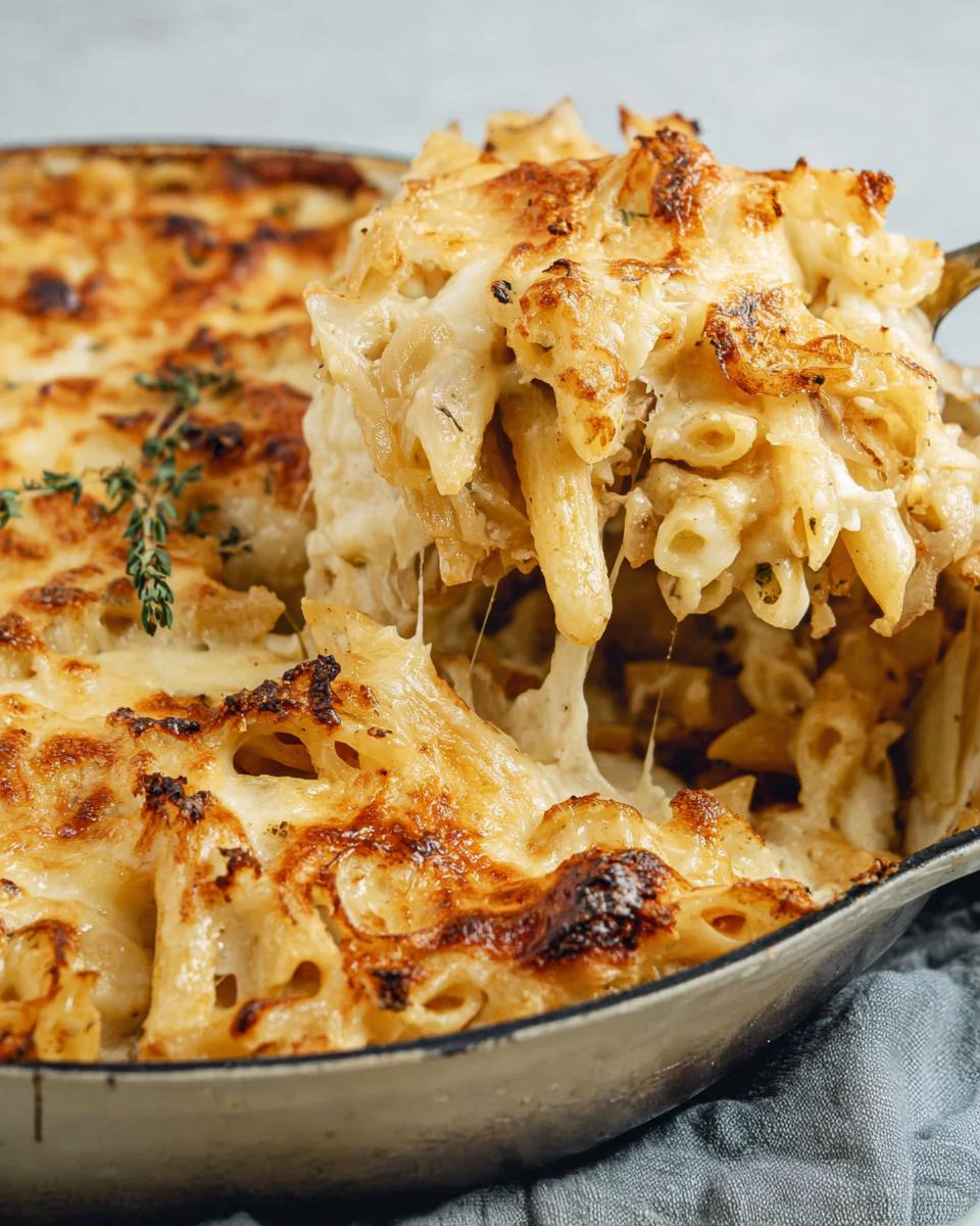 A serving spoon lifts a generous portion of cheesy baked pasta, showcasing gooey melted cheese and golden-brown pasta.