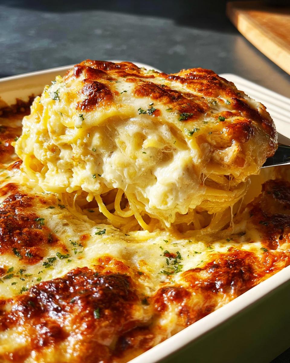 A serving spoon lifts a portion of cheesy baked spaghetti from a casserole dish, showing melted cheese and herbs.