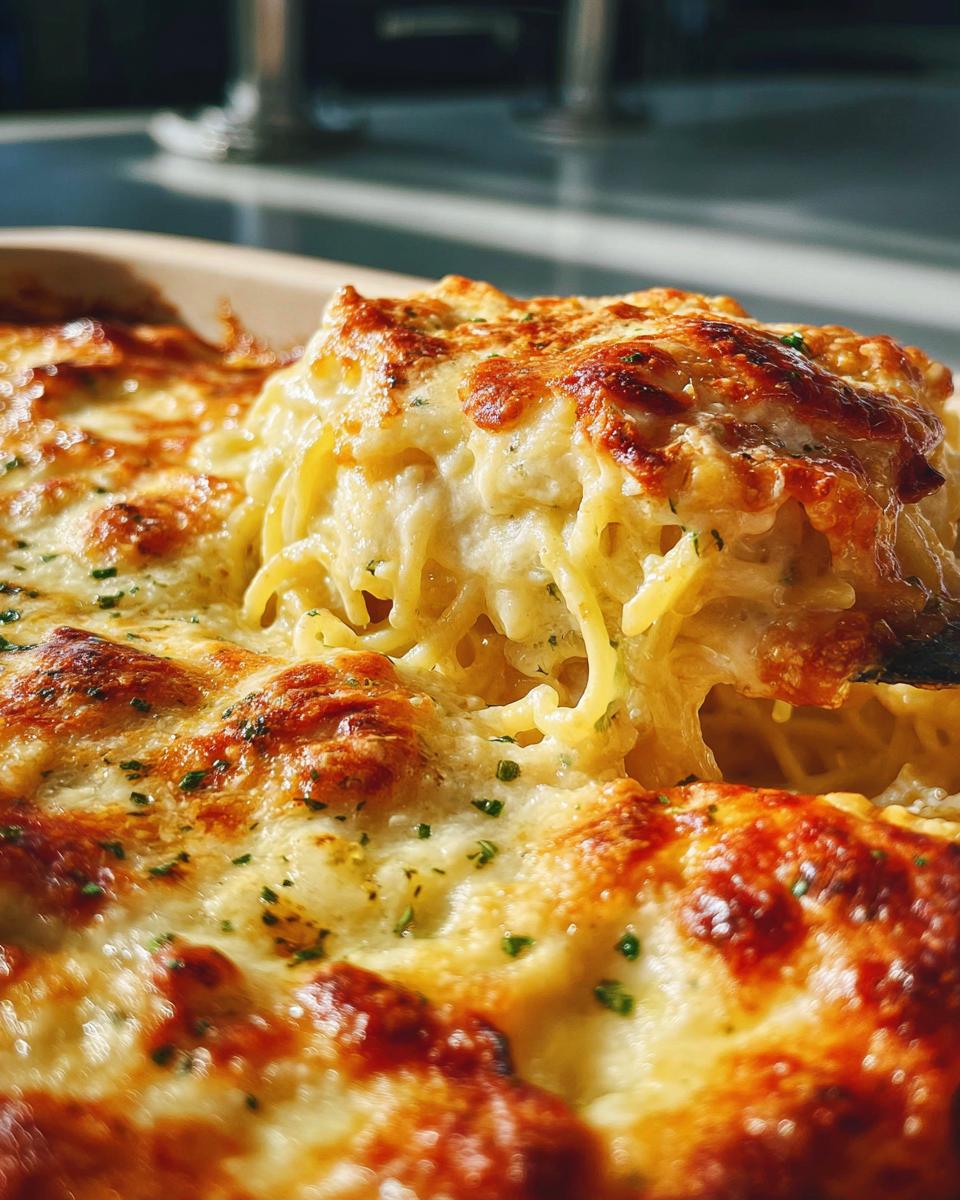 Close-up of a serving spoon lifting cheesy baked spaghetti from a casserole dish, a perfect addition to The Only Pasta Recipes Recipe You’ll Need.