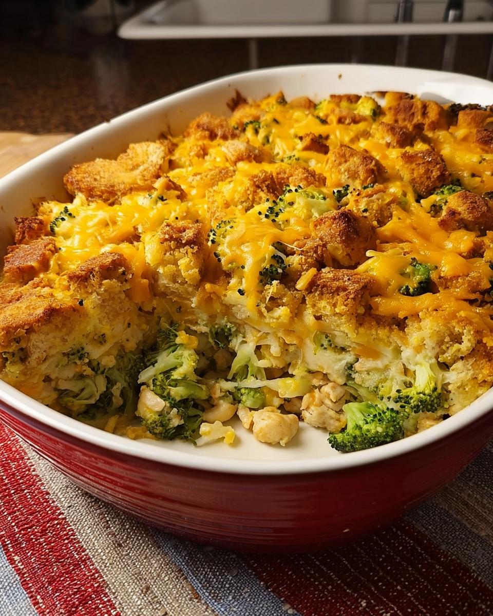 A close-up of a freshly baked chicken broccoli casserole in a red baking dish, topped with melted cheese and croutons.