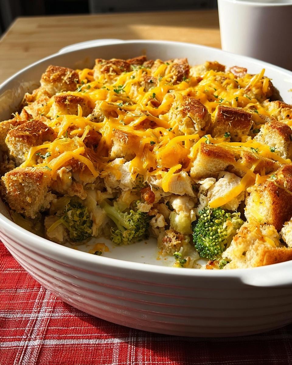 A close-up of a baked chicken and broccoli casserole topped with melted cheddar cheese and croutons.