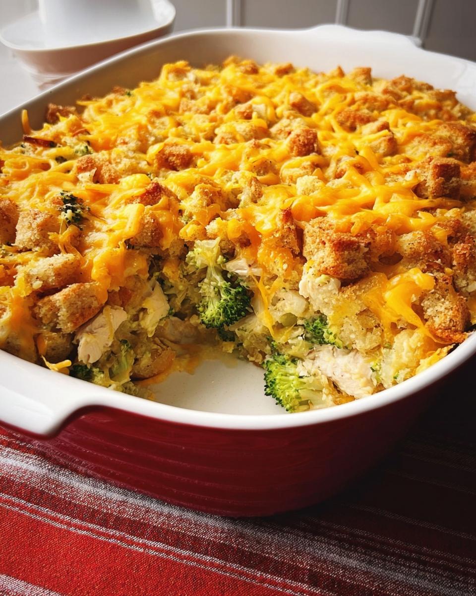 A close-up of a baked chicken and broccoli casserole in a red dish, topped with melted cheddar cheese and croutons.