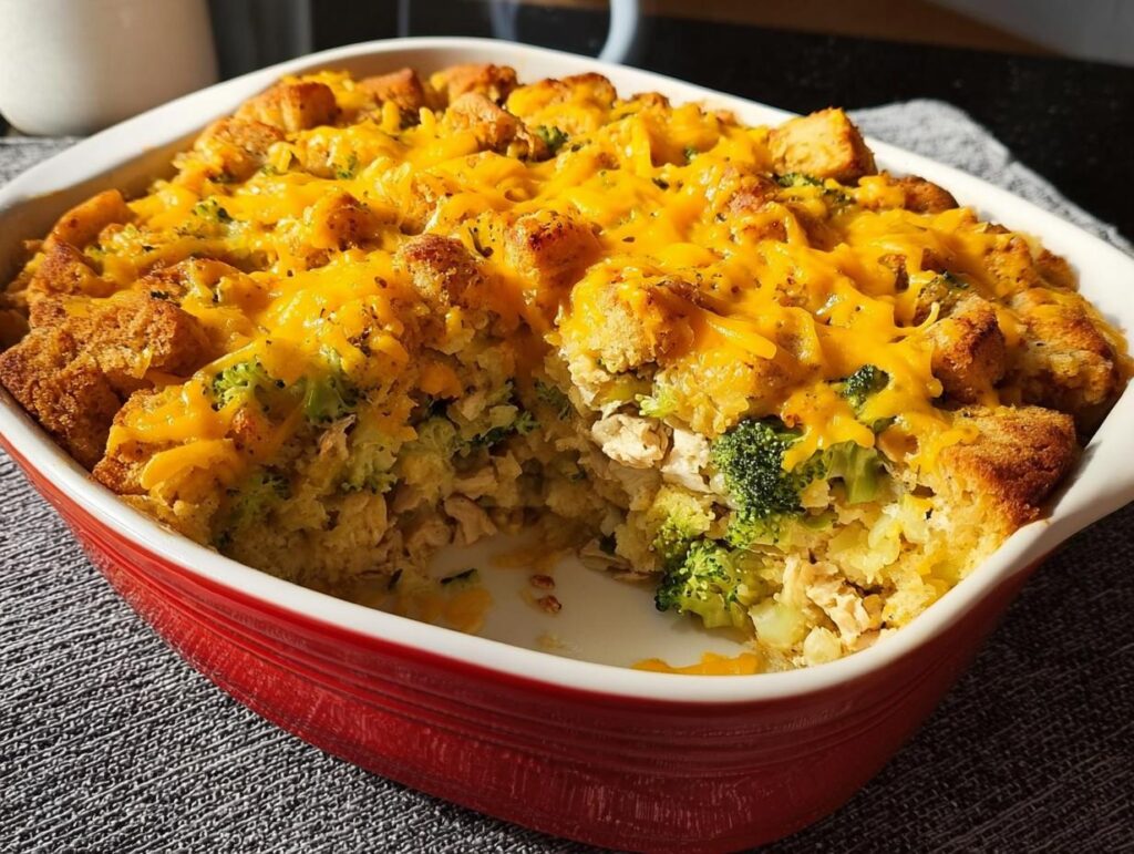 A close-up of a baked chicken broccoli casserole topped with melted cheddar cheese and croutons.