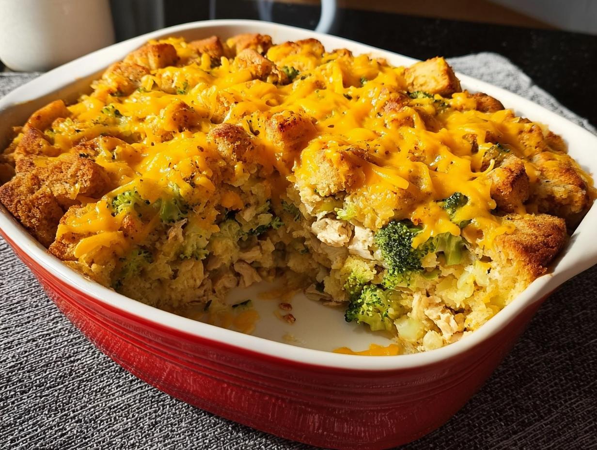 A close-up of a baked chicken broccoli casserole topped with melted cheddar cheese and croutons.