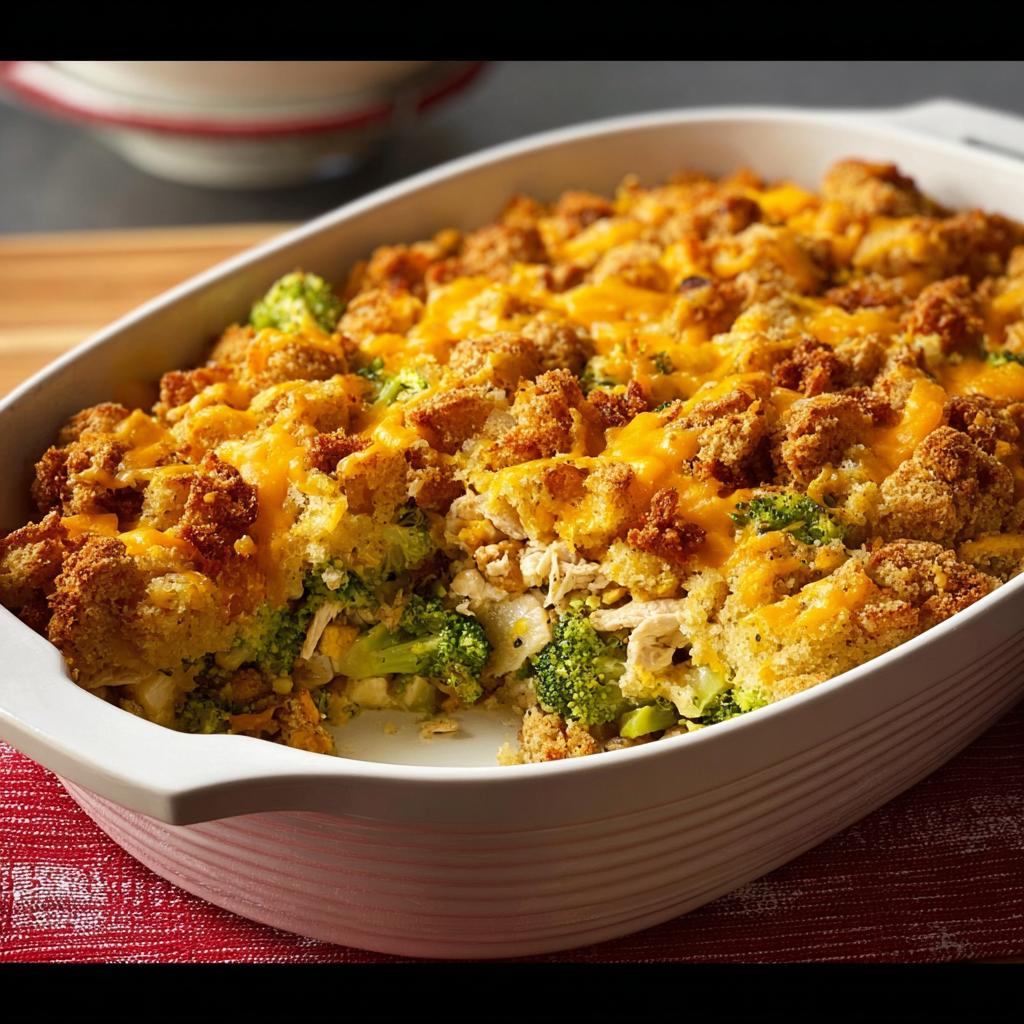 A close-up of a baked chicken and broccoli casserole with a cheesy, breadcrumb topping in a white baking dish.