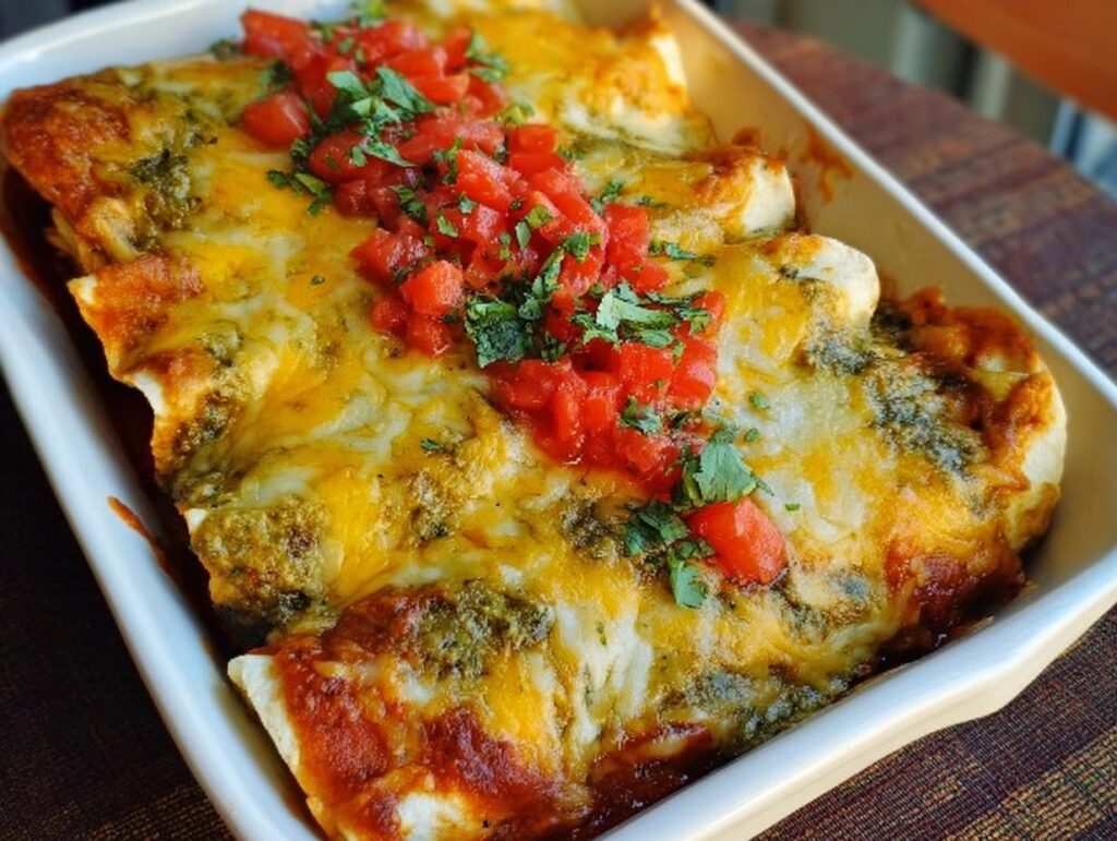 Close-up of baked chicken enchiladas in a white dish, topped with melted cheese, salsa verde, and diced tomatoes.