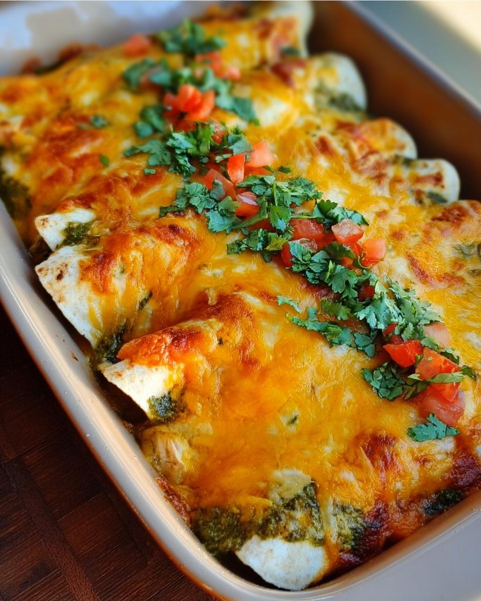 A baking dish filled with cheesy chicken enchiladas, topped with cilantro and diced tomatoes. Perfect for chicken recipes meal prep.