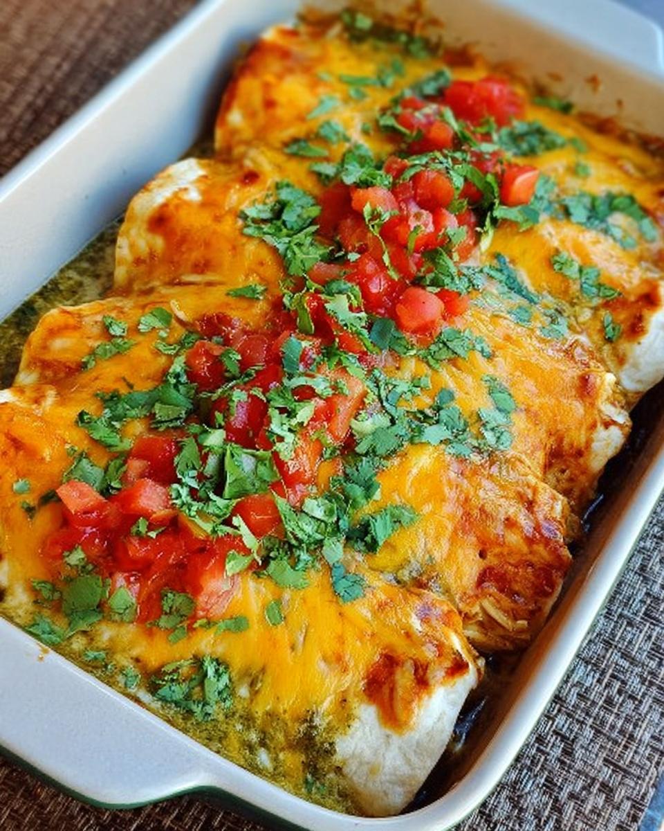 Close-up of baked chicken enchiladas topped with melted cheese, salsa, and cilantro.
