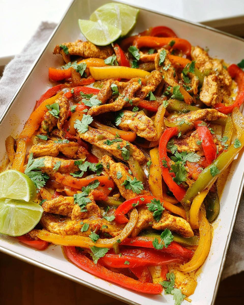 Colorful chicken fajitas with sliced bell peppers and lime wedges, a perfect quick chicken recipe for busy weeknights.