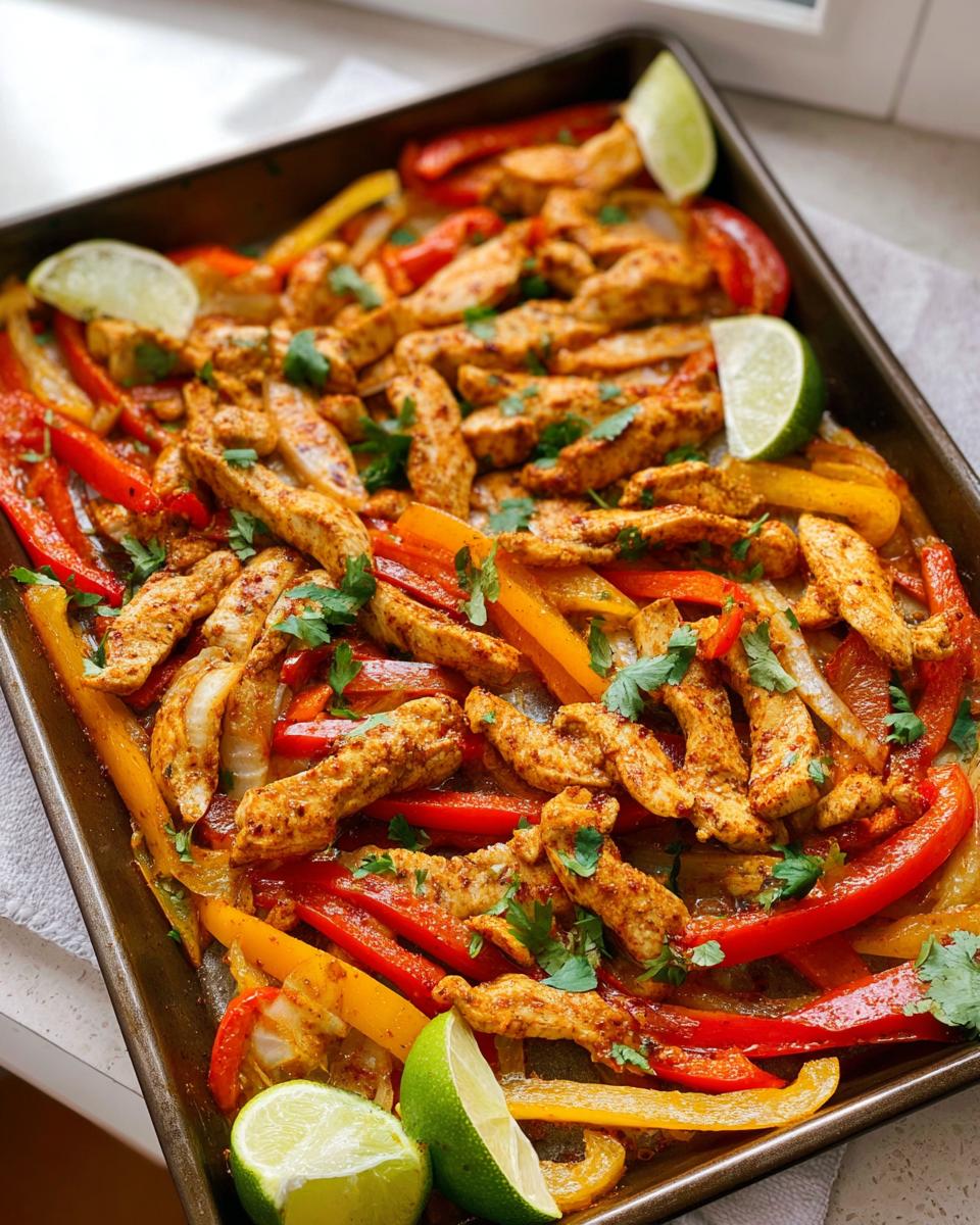 Close-up of a baking sheet filled with colorful chicken fajitas, including sliced chicken, red and yellow bell peppers, onions, and lime wedges.