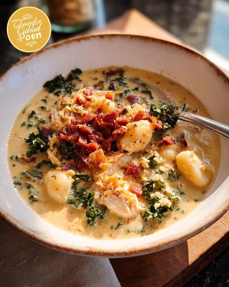 A close-up of a hearty bowl of creamy chicken gnocchi soup with kale and bacon, part of The Only Soup Recipes Recipe You’ll Need (2025).