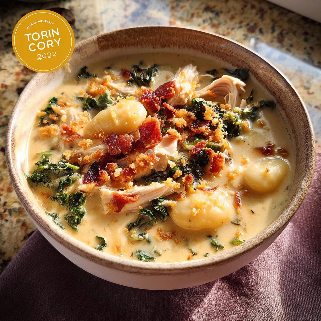 A close-up of a hearty bowl of chicken gnocchi soup with kale, bacon, and breadcrumbs.