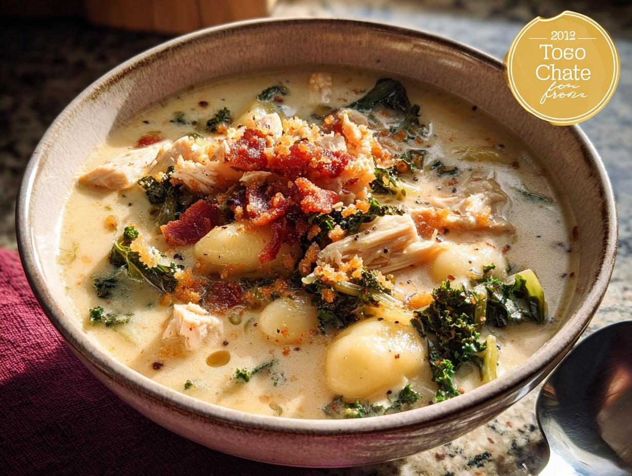 A close-up of a bowl of creamy chicken and gnocchi soup with kale and bacon, part of The Only Soup Recipes Recipe You’ll Need (2025).