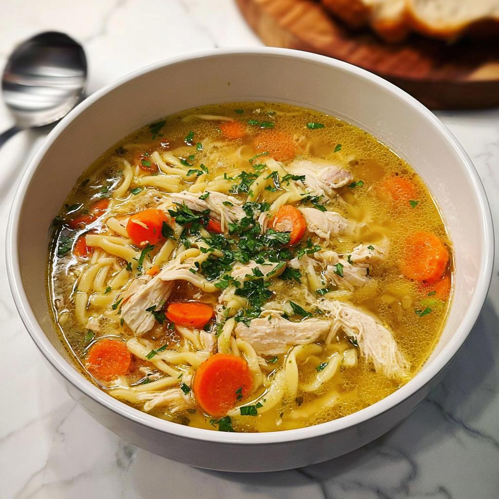 A comforting bowl of chicken noodle soup with shredded chicken, egg noodles, carrots, and parsley.