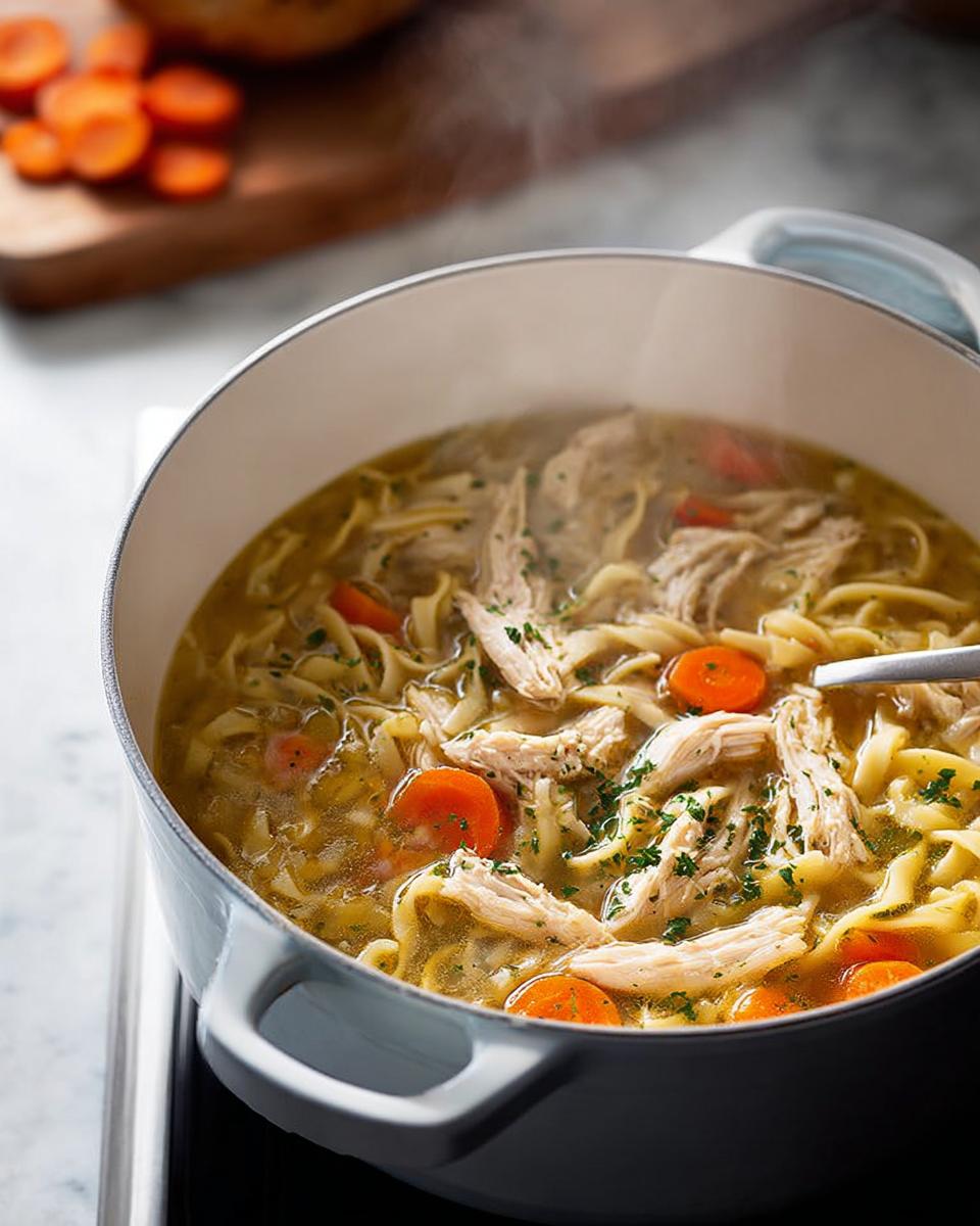 Close-up of a steaming pot of chicken noodle soup, featuring shredded chicken, wide egg noodles, and sliced carrots.