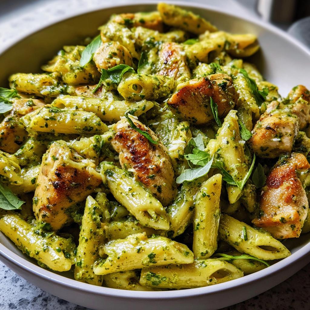 A close-up of penne pasta tossed with vibrant green pesto sauce and grilled chicken pieces, a perfect dish for chicken recipes.