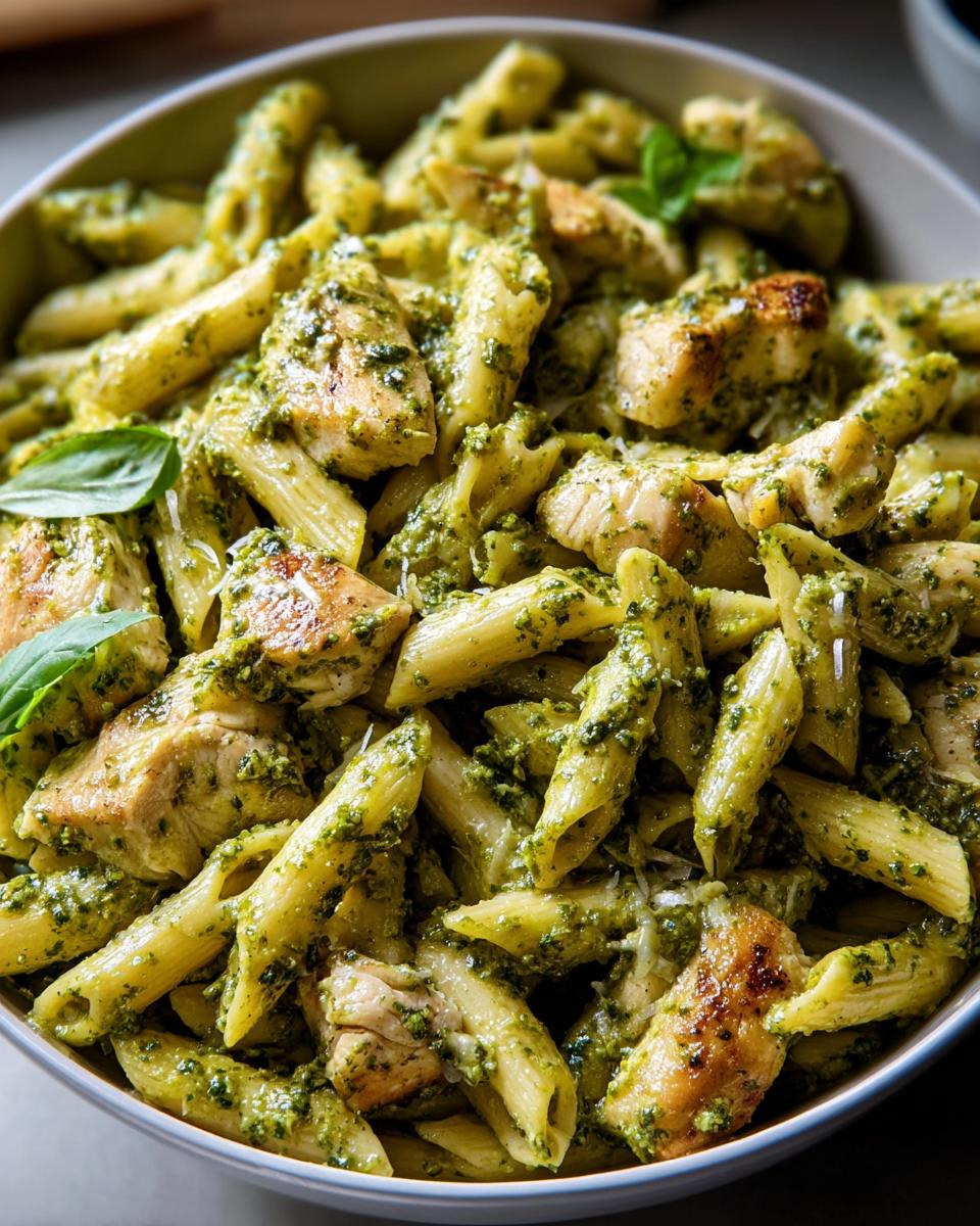 A bowl of penne pasta with chunks of grilled chicken and vibrant green pesto sauce, a perfect chicken recipe.