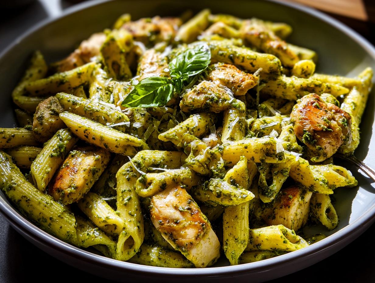 A close-up of penne pasta tossed with chicken pieces and vibrant green pesto sauce, a perfect chicken recipe.