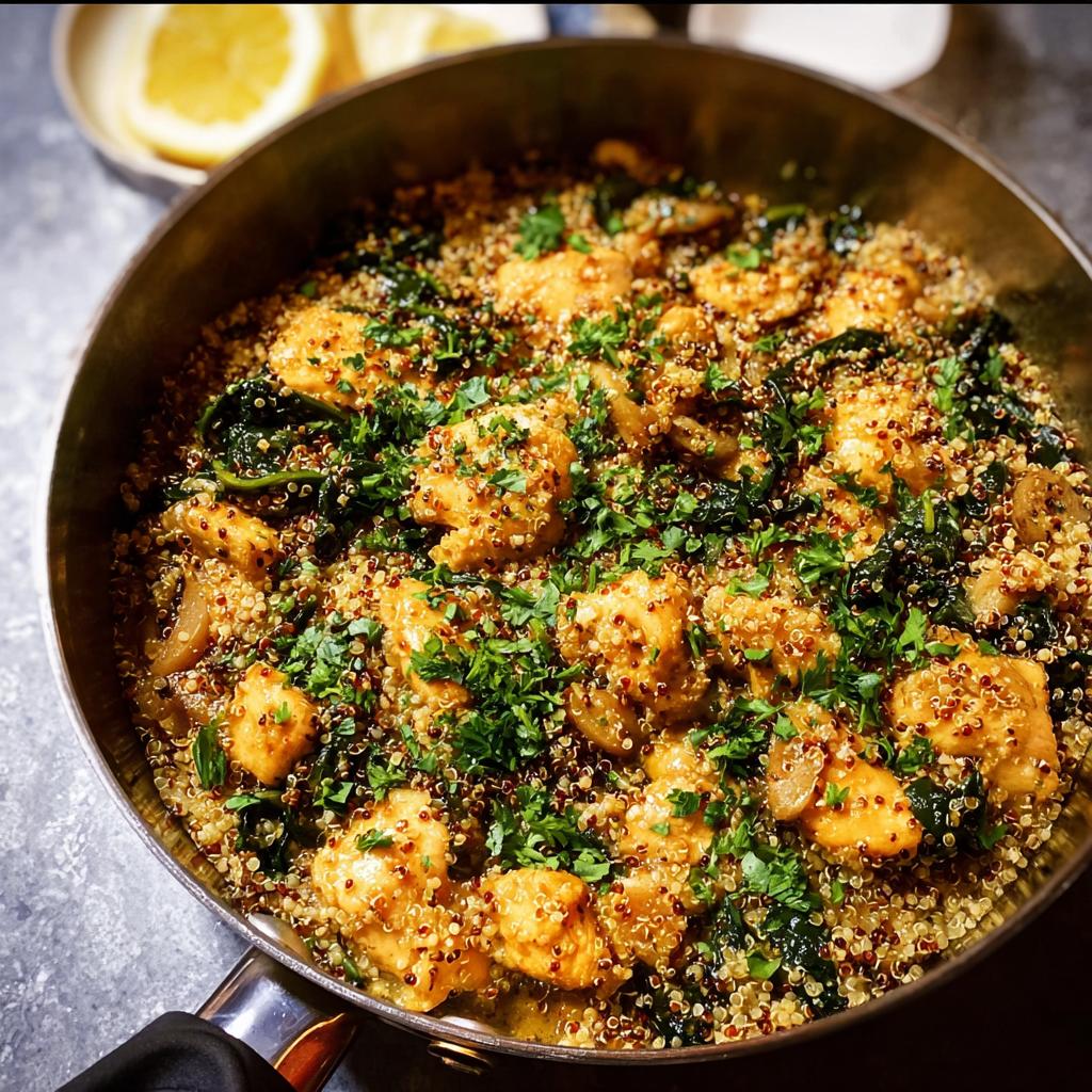 A delicious skillet dish featuring tender chicken pieces, fluffy quinoa, and wilted greens, garnished with fresh parsley. Part of The Ultimate Chicken Recipes Guide for Beginners.