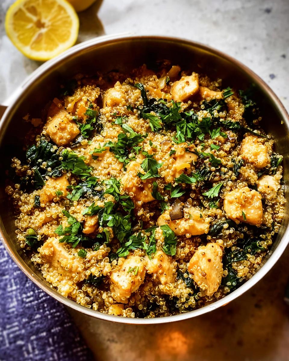 A close-up of a skillet filled with a healthy chicken and quinoa recipe, garnished with fresh parsley.
