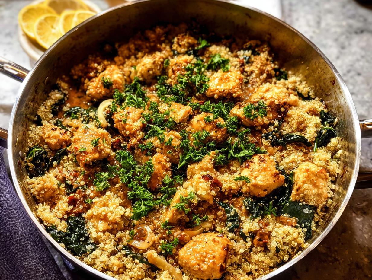 A close-up of a skillet filled with quinoa, tender chicken pieces, kale, and garnished with fresh parsley. Part of The Ultimate Chicken Recipes Guide for Beginners.