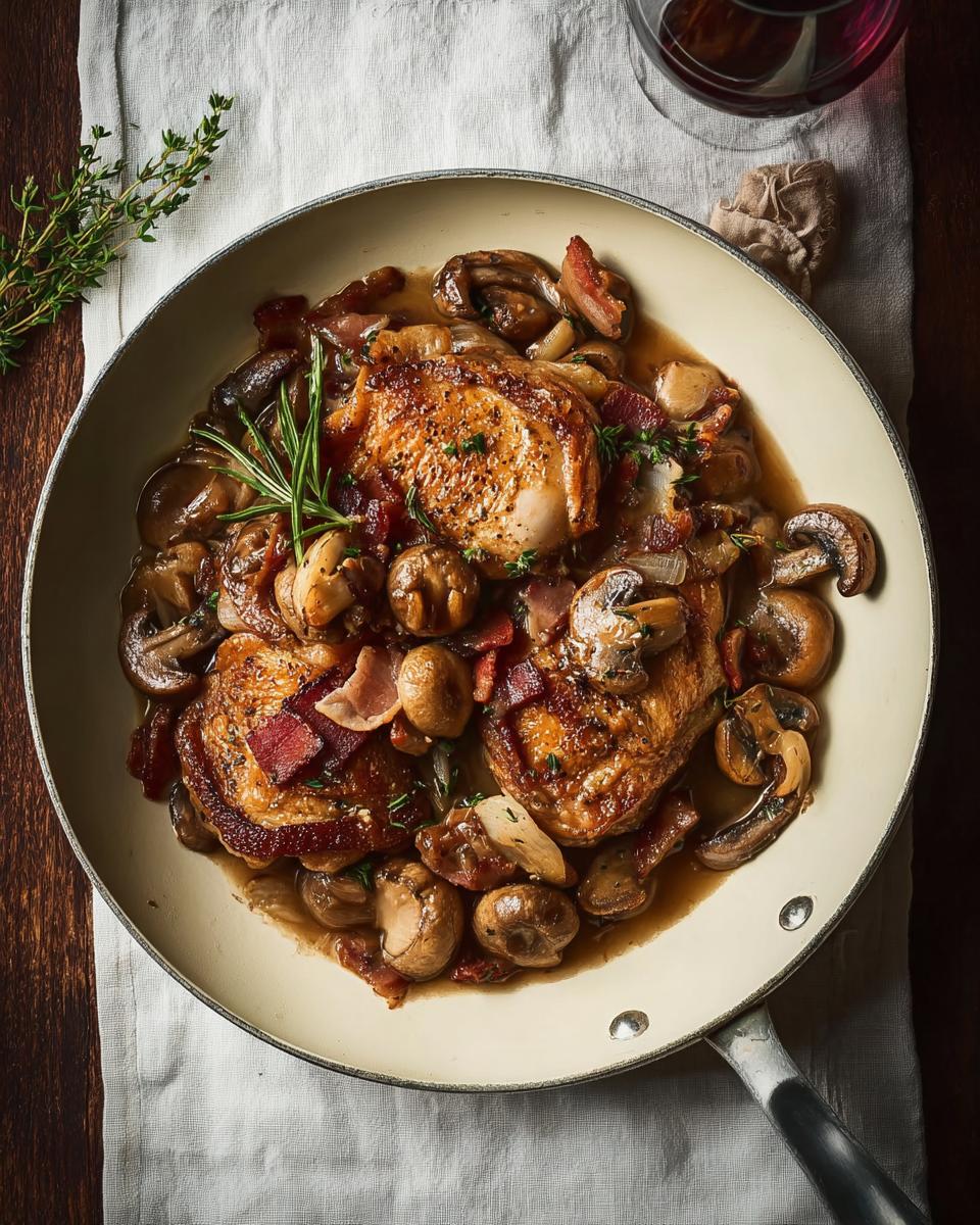 A pan of delicious chicken recipe with mushrooms, bacon, and herbs, perfect for a weekday meal.