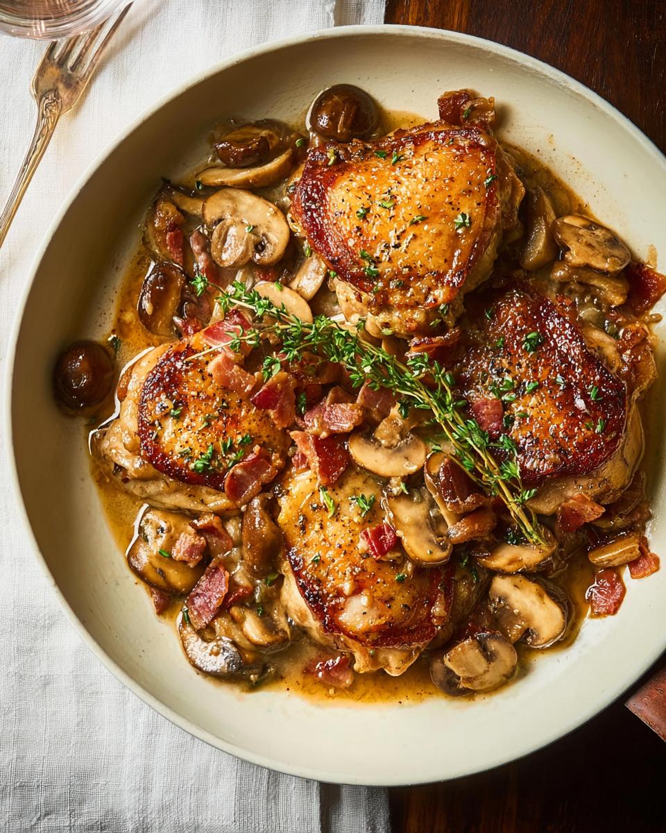 Close-up of a creamy chicken recipe with mushrooms, bacon, and fresh thyme.