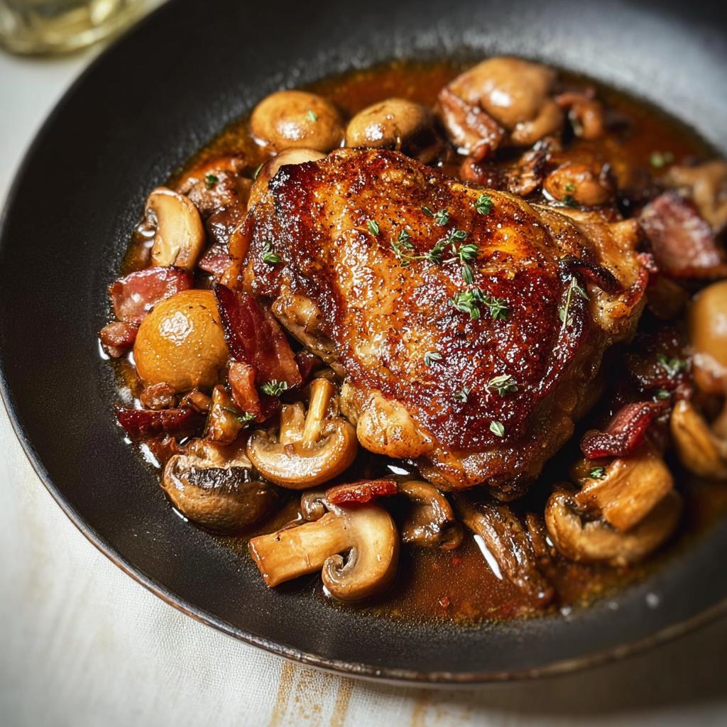 A close-up of a perfectly cooked chicken recipe with mushrooms, bacon, and a rich sauce.